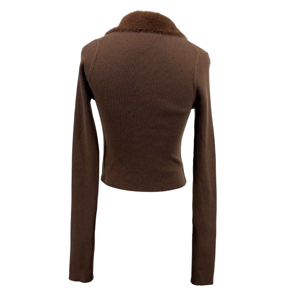 American Eagle Women Size S Zip Up Cardigan Brown Faux Fur Collar Ribbed Sweater - Picture 6 of 8